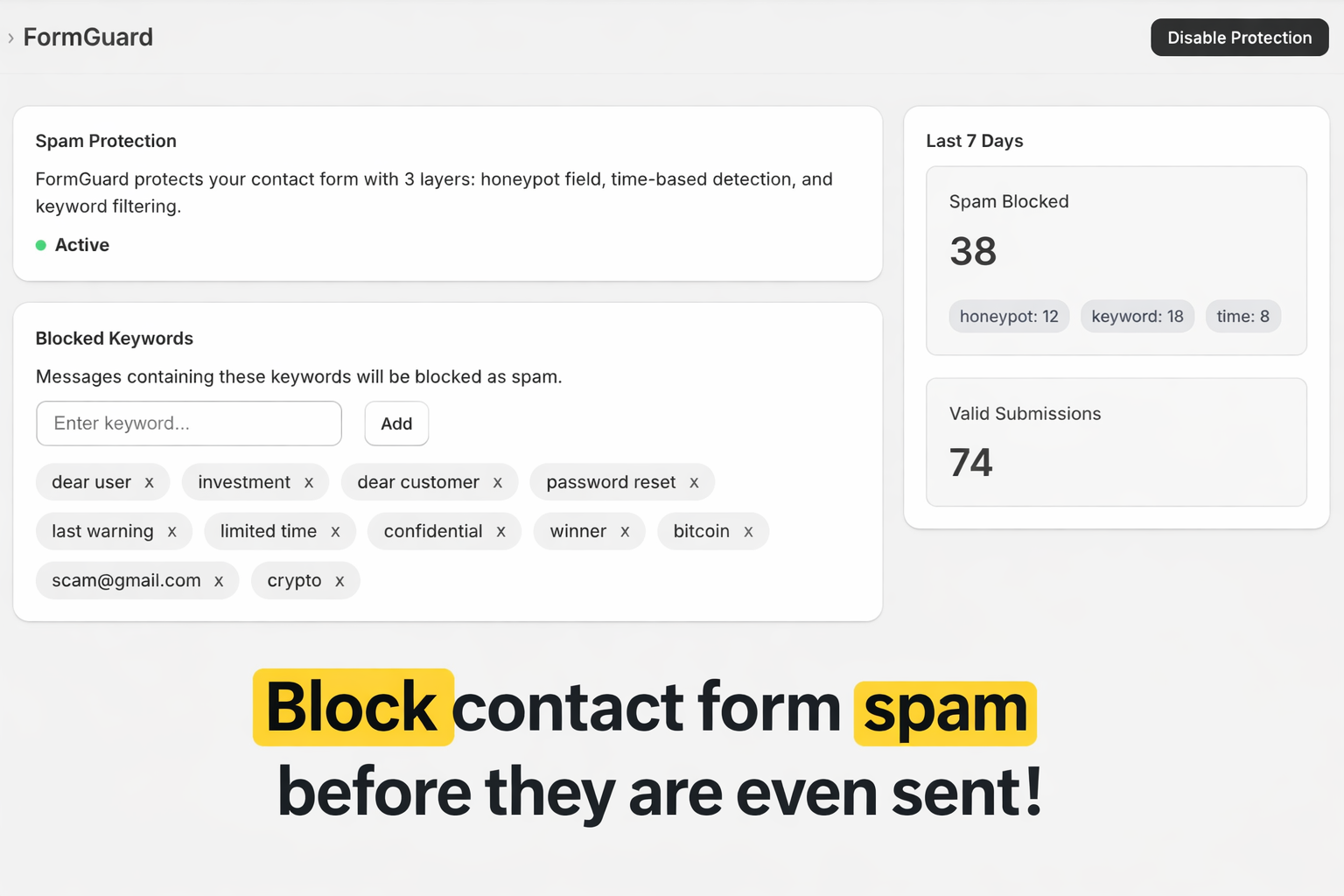 FormGuard admin dashboard showing spam stats and blocked keywords